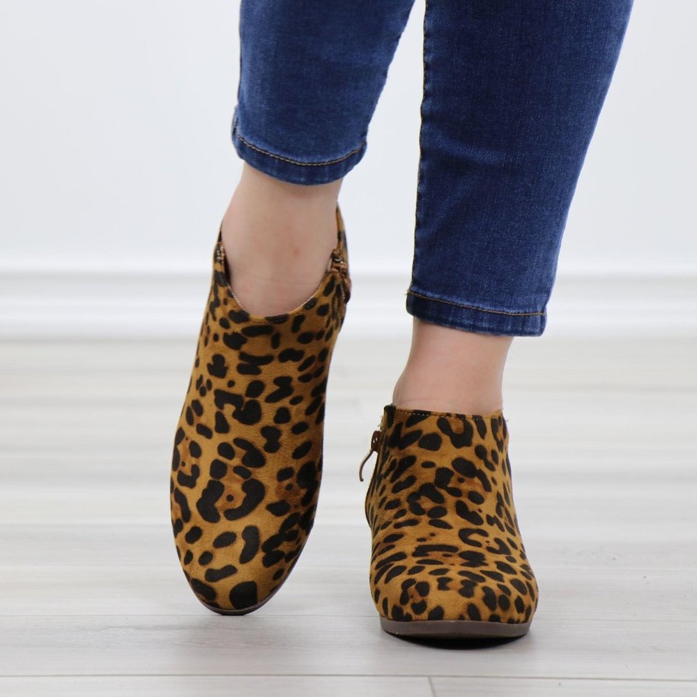 Faux Sude Leopard Low Heel Ankle Boots - Picture 8 of 13
